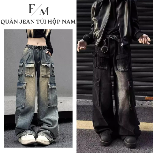 Quần Jean Nam Đen Xanh Wash 6 Túi Hộp Suông Ống Rộng Lưng Cao Quần Jean Unisex Cargo Pants HIPHOP
