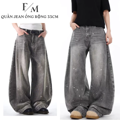 Quần Jean Xám WASH Vảy Sơn Suông Ống Rộng 33CM Lưng Cao Form Đứng Dáng Dài Phong Cách BIGSIZE HIPHOP
