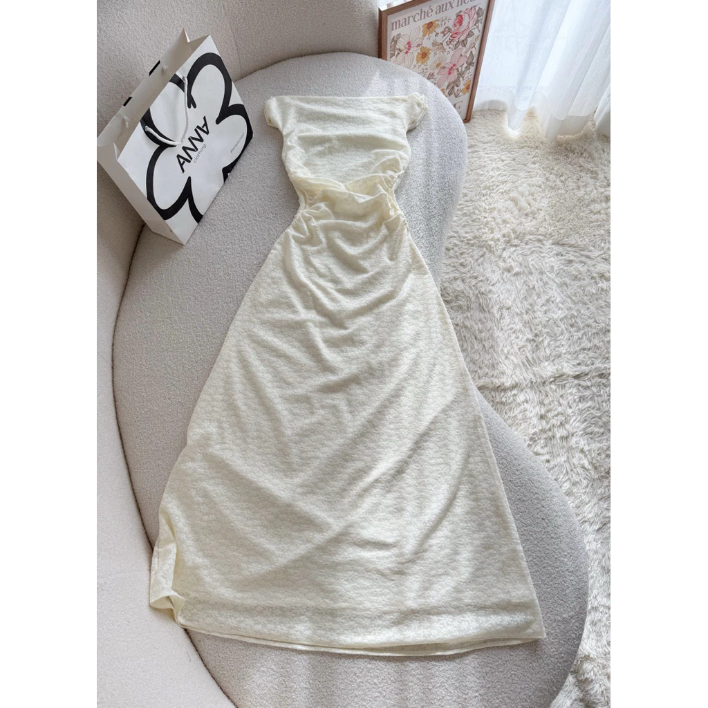 Đầm Kiểu Nữ Dáng Dài Trễ Vai Kem Nhún Eo Anna - Nara Dress