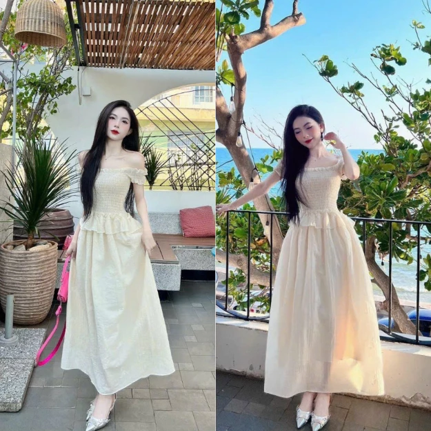 Set Váy Maxi, Đầm Trễ Vai Viền Bèo Dáng Dài Đi Biển, Du Lịch – Chất Tơ Nhăn Tiểu Thư, Dáng Dài Nhiều Tầng Tôn Dáng