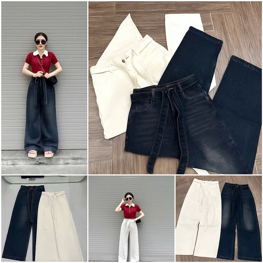 Quần jeans nữ ống suông rộng lưng cao kèm đai bản nhỏ –quần jean chất liệu denim cao cấp