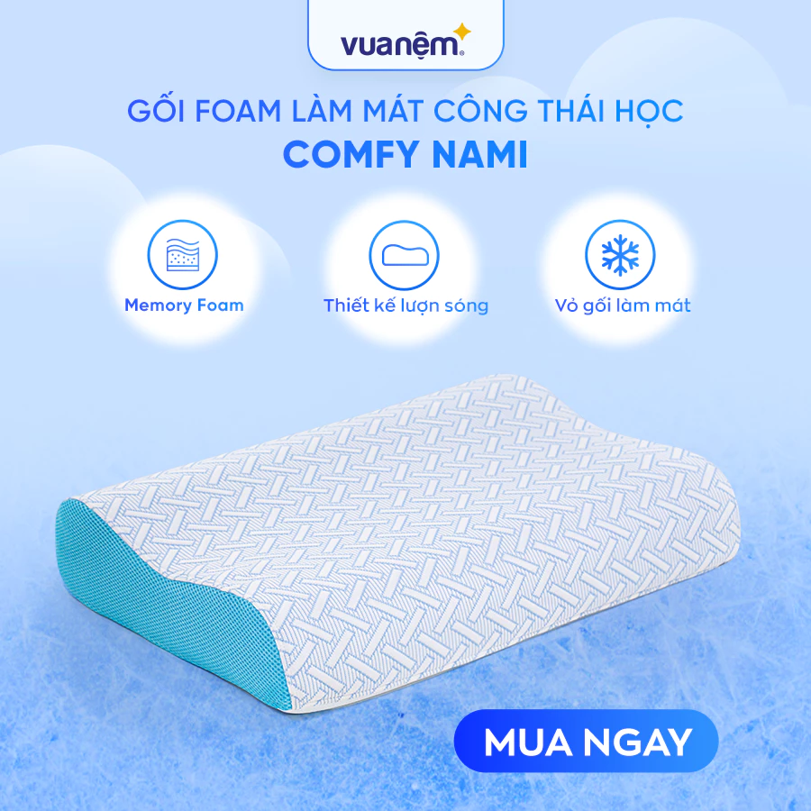 Gối công thái học, gối foam Comfy Nami 40x60cm lượn sóng nâng đỡ mềm mại, làm mát tức thì
