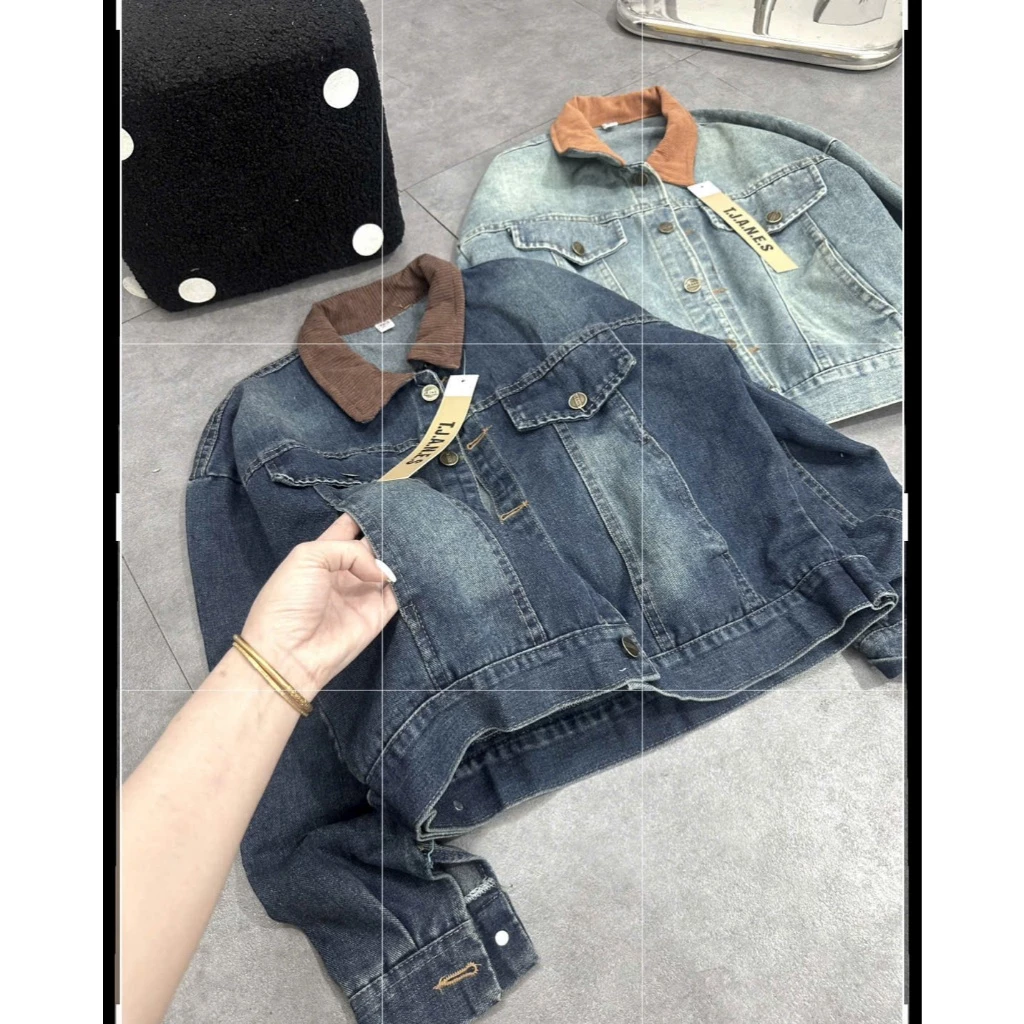 Áo Khoác Bò Nữ Cổ Bẻ Phối Nhung Tăm, Form Rộng Thời Trang, Denim Cao Cấp, 2 Màu Xanh Nhạt và Xanh Đen Cá Tính