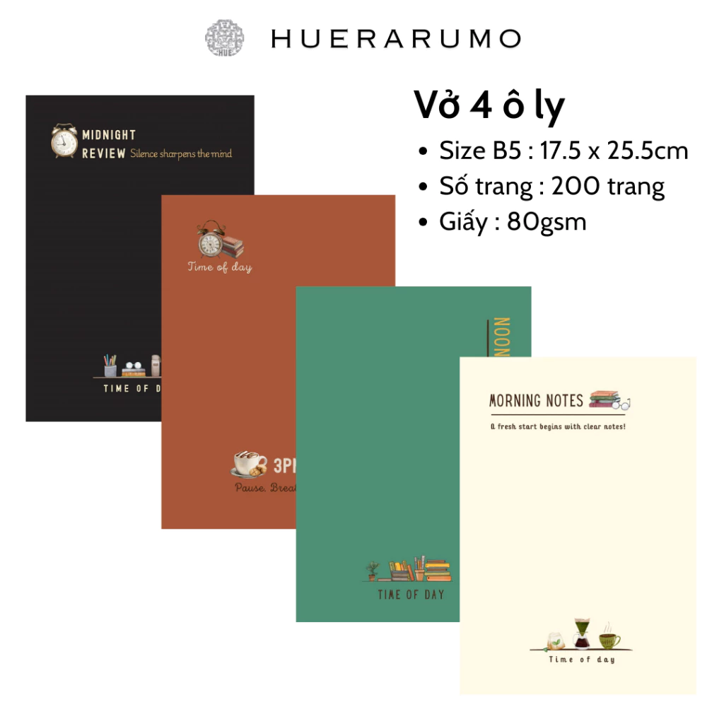 Vở Ô Ly B5 200 Trang HUERARUMO – Giấy viết 80gsm, may chỉ – Bộ TIME OF DAY – Vở Học Sinh / Ghi Chép