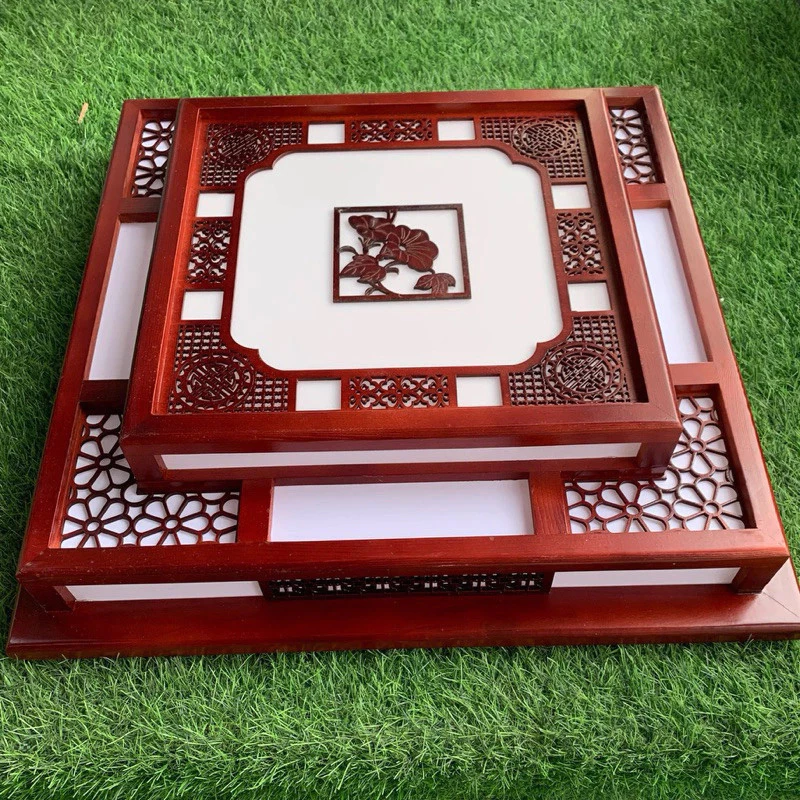 Đèn ốp trần gỗ - Phòng thờ, nhà cổ, Ánh sáng 3 màu, Kích thước vuông 55x55cm