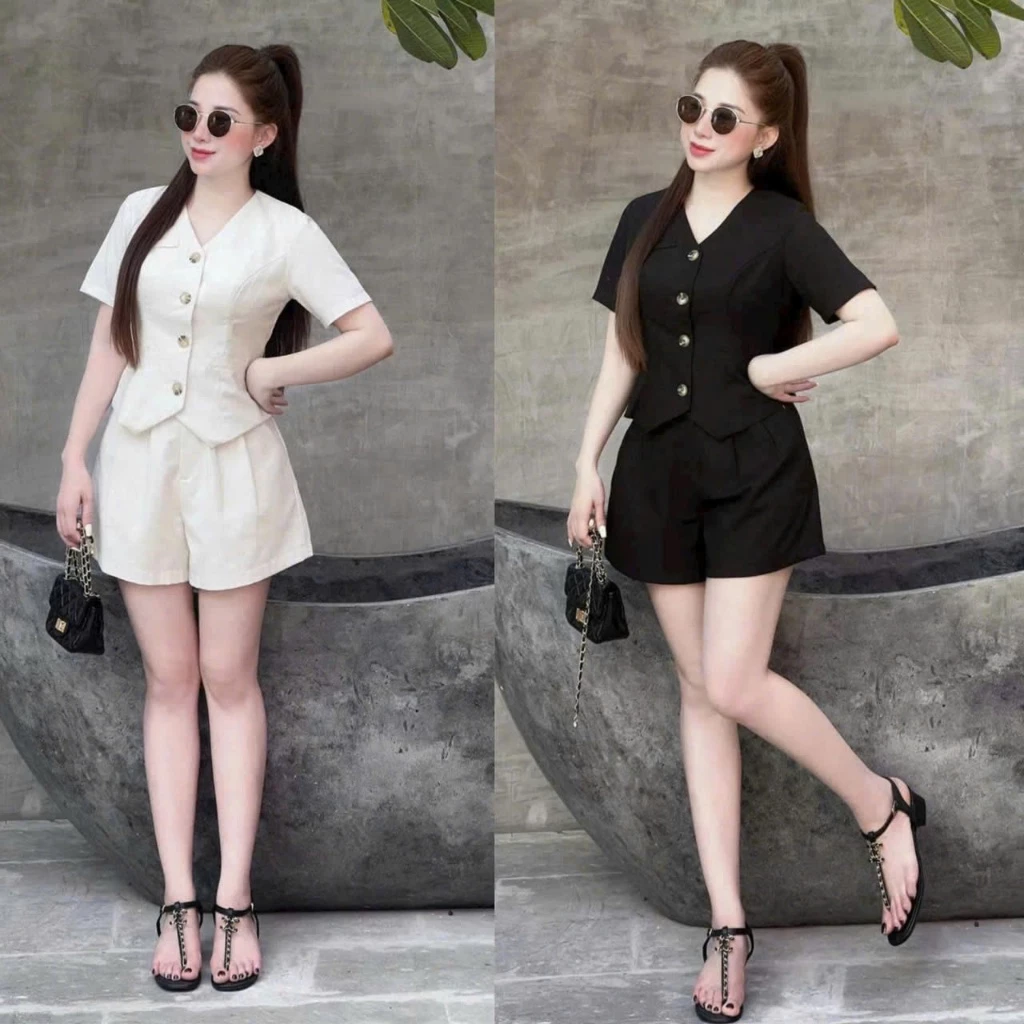 SET ĐỒ BỘ GILE NỮ NGẮN PHỐI NÚT 3 MÀU MỚI FULL LÓT THÂN TRƯỚC VÀ SAU LỊCH SỰ, SANG CHẢNH( BIG SIZE 40-85KG)