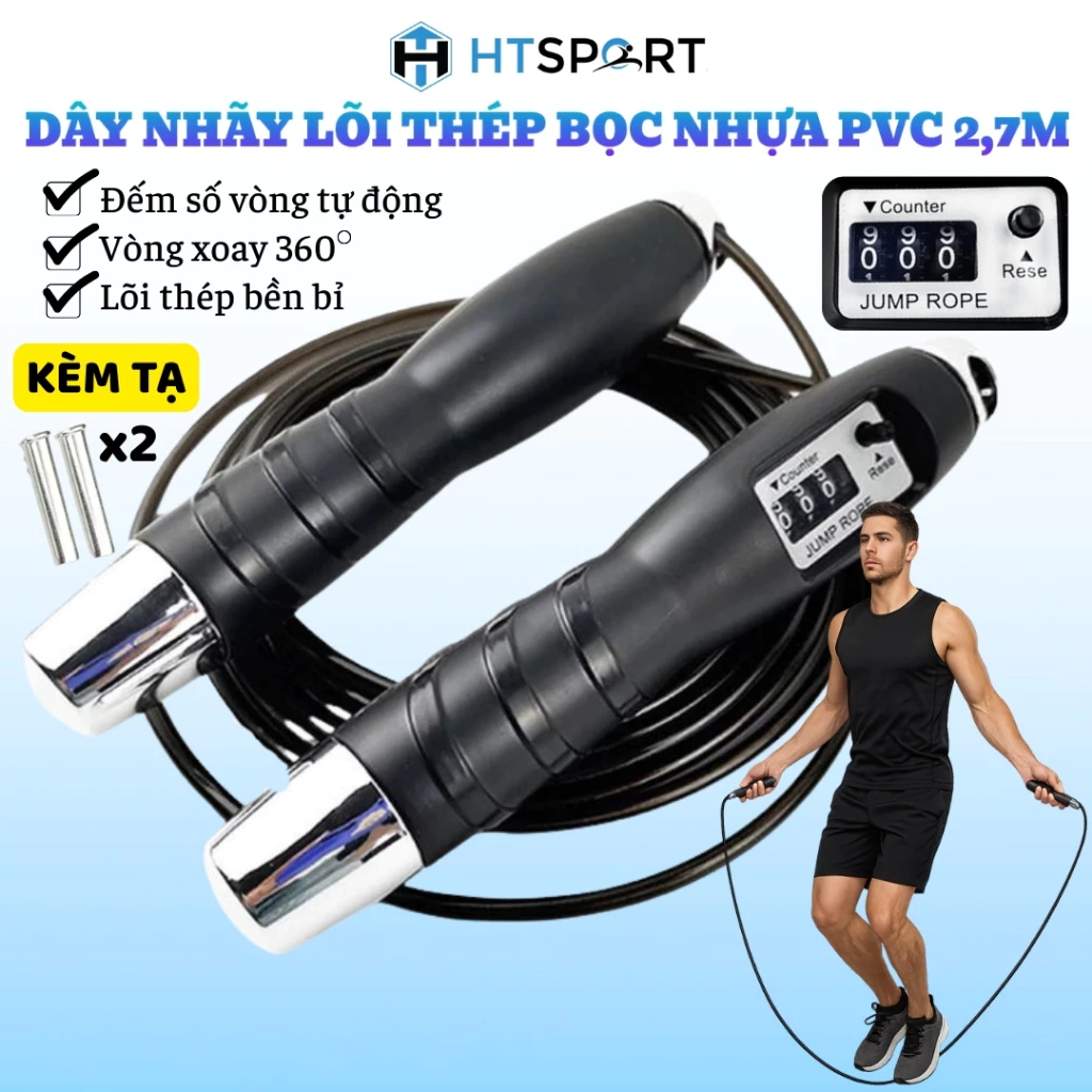 Dây Nhảy Lõi Thép Có Đếm Số Vòng, Dây Nhảy 2,7m Điều Chỉnh Tập Thể Dục Thể Lực Tại Nhà Tiện Lợi Kèm Tạ Sắt