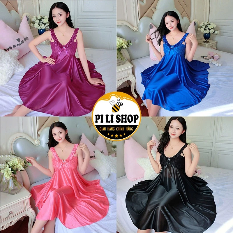 Váy Lụa Dài Thiết Kế Cộc Tay Chất Phi Bóng, Đầm Ngủ Lụa Latin Phối Ren Đính Nơ Thiết Kế Bo Viền Eo