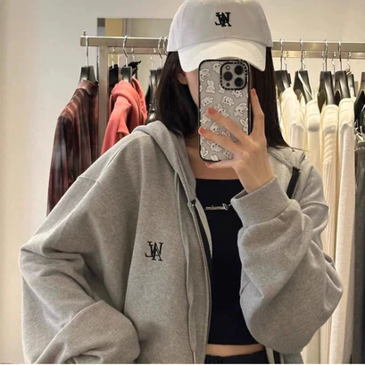 Mua hộ Hàn Quốc WOOALONG  Thêu WAL Áo khoác cổ điển Logo  Mũ trùm đầu lông không chổi than Coat Đôi Zipper Coat Cặp vợ c