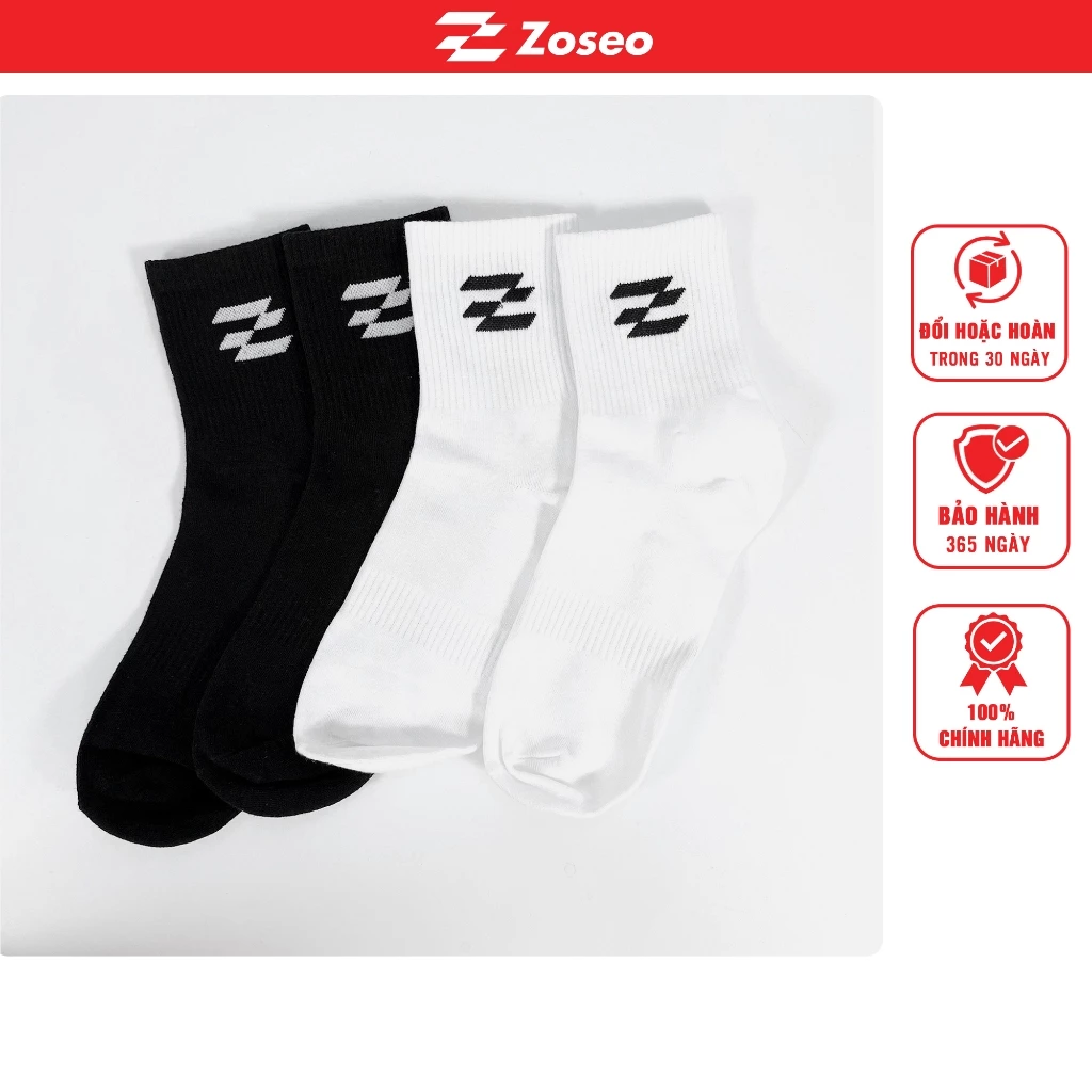 Tất Vớ Nam Nữ Gân Trơn Cổ Lửng logo Zoseo Cotton Tự Nhiên Thời Trang Màu Trắng Dày Dặn Êm Ái, mang chạy bộ, tập gym