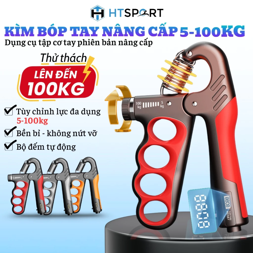 Kìm Bóp Tay 100KG  4 Lỗ, Dụng Cụ Tập Cơ Tay Điều Chỉnh Lực 5 - 100kg Có Bộ Đếm Số Cơ, Đếm Số Điện Tử