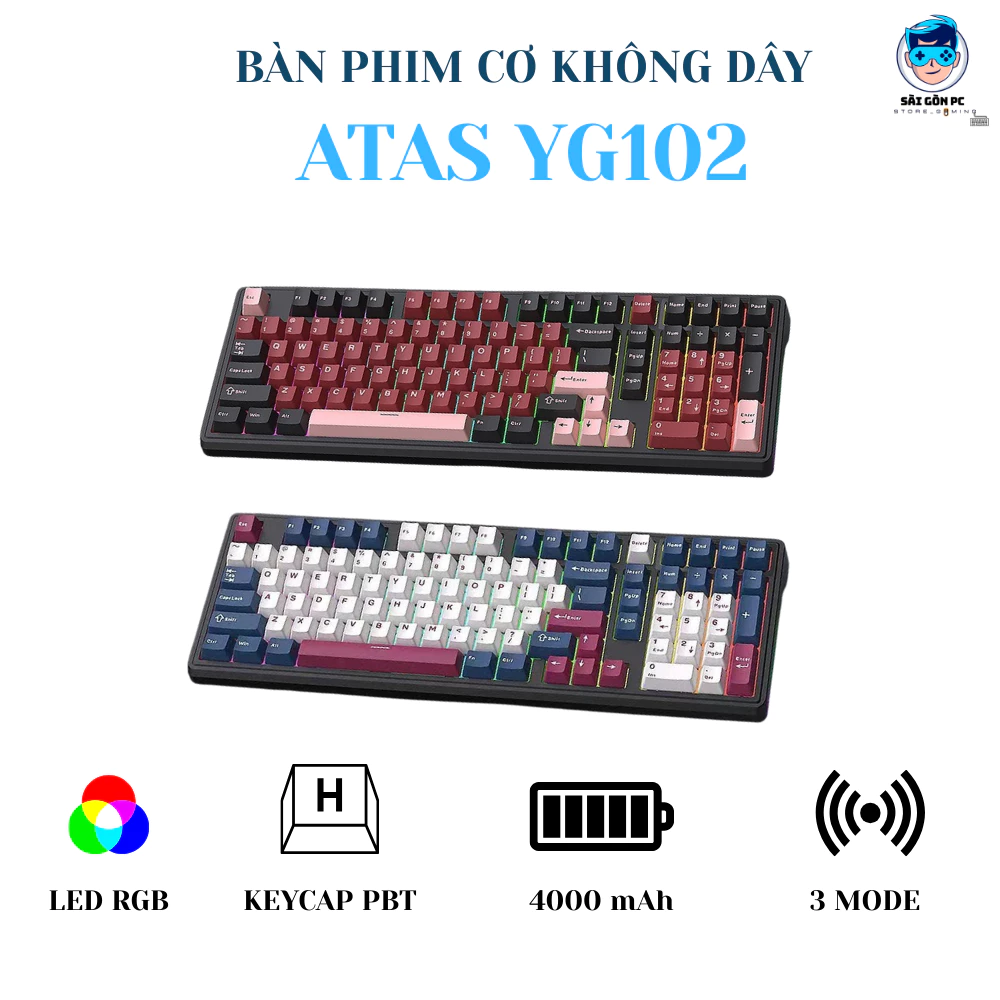 Bàn phím cơ không dây ATAS YG102 - 3 mode kết nối - LED RGB - Có App Marco - Mạch xuôi 5 Pin - Lube sẵn