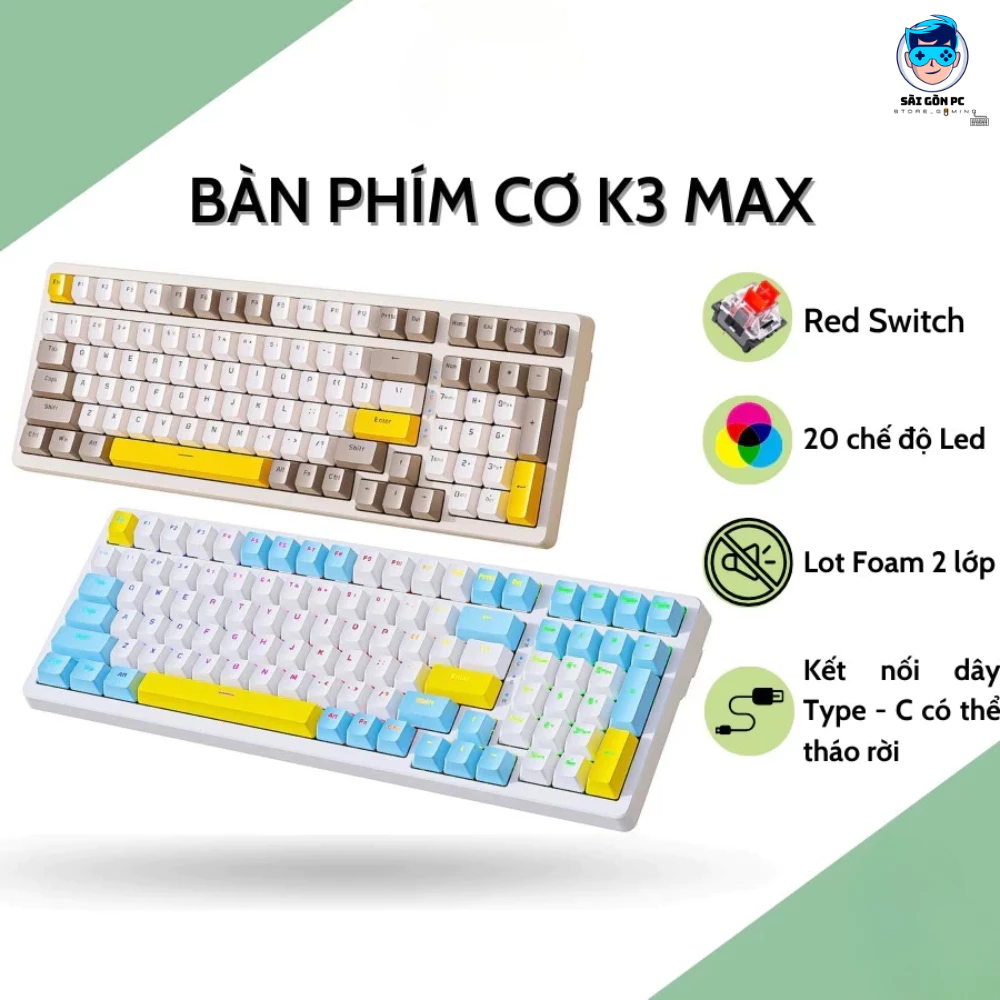 Bàn Phím Cơ Gaming K3 Max - Led 20 Chế Độ - Red Switch - Có Hotswap - Lót Foam Cách Âm 2 Lớp - Siêu Êm - Cáp Type-