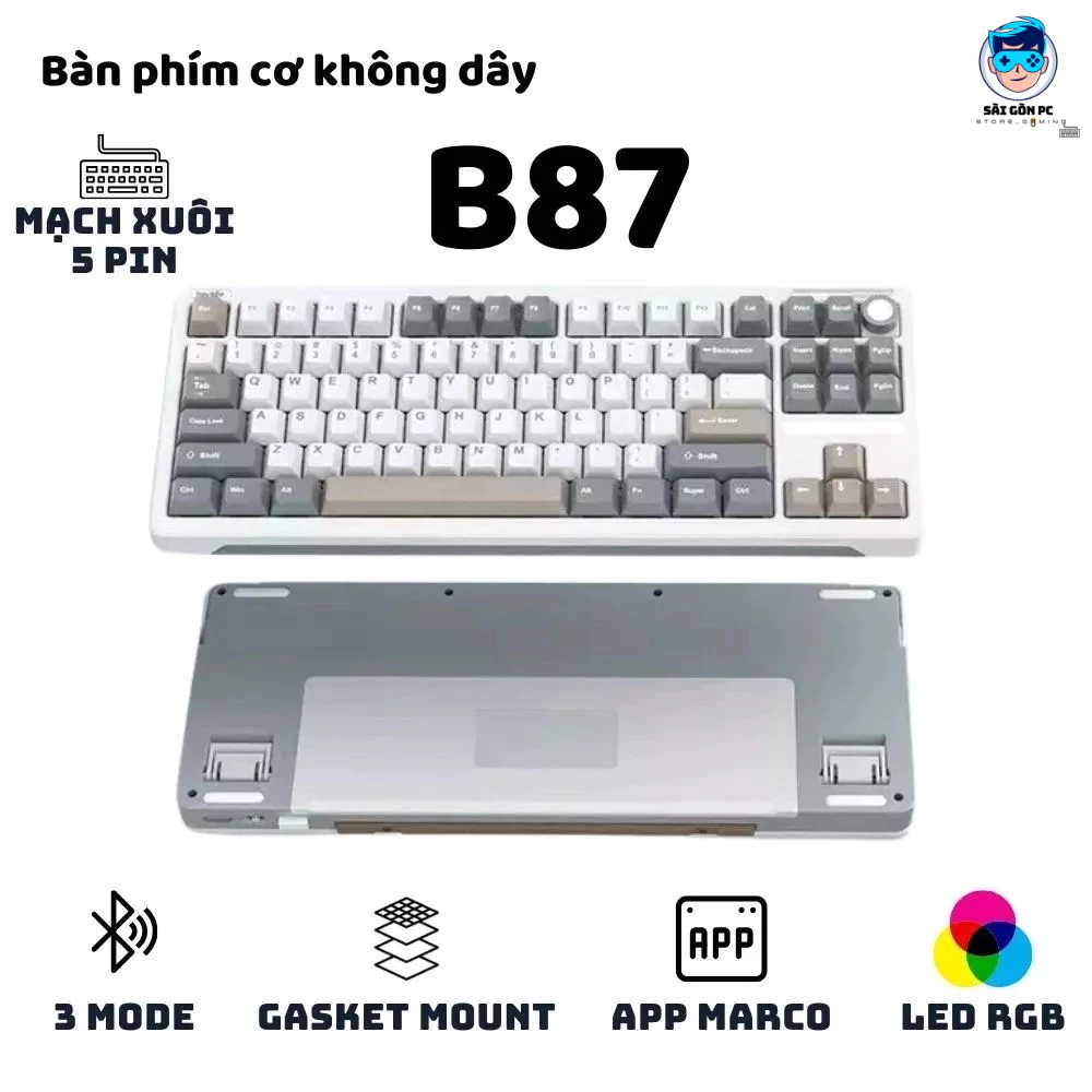 Bàn phím cơ không dây iloubee B87 - Full Foam - Có núm tùy biến - 3 Mode - LED RGB - App marco - Mạch Xuôi