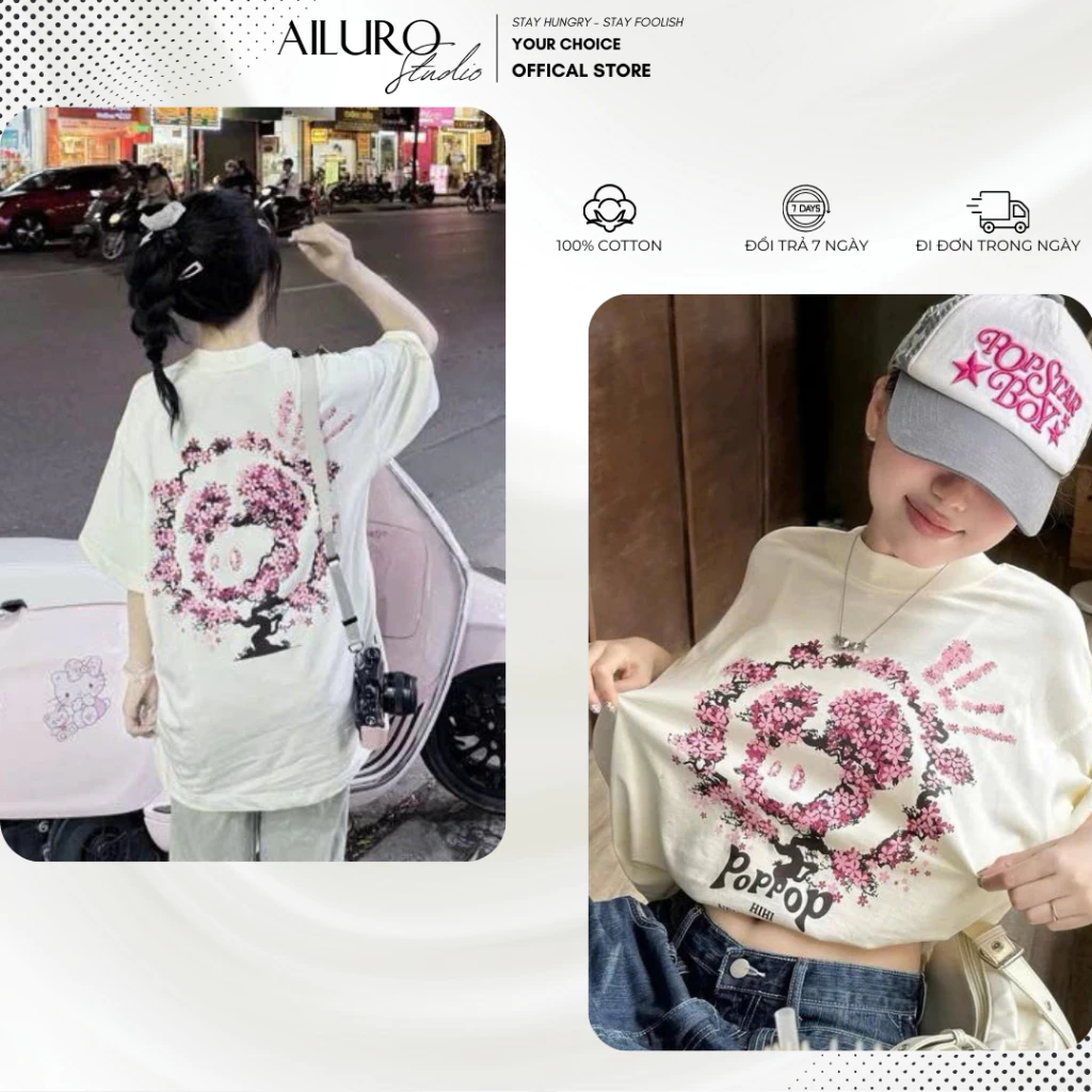 Áo Thun Poppop Hihi Sakura Tee - Áo phông In Hình nam nữ Form rộng Tay lỡ Unisex 100% Cotton Cao Cấp