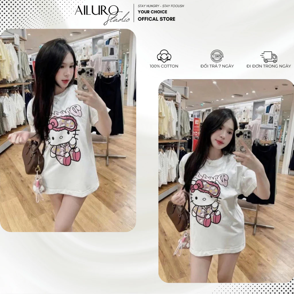 Áo Thun Hello Kitty Sleep - Áo phông In Hình nam nữ Form rộng Tay lỡ Unisex 100% Cotton Cao Cấp