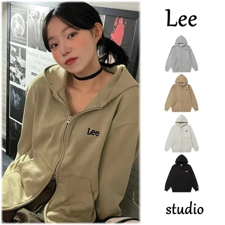 Lee  Nhỏ logo  Hai đầu kéo mũ đá áo khoác nút trùm đầu áo khoác lông không chổi than áo khoác đôi nam nữ cùng loại Hàn Q