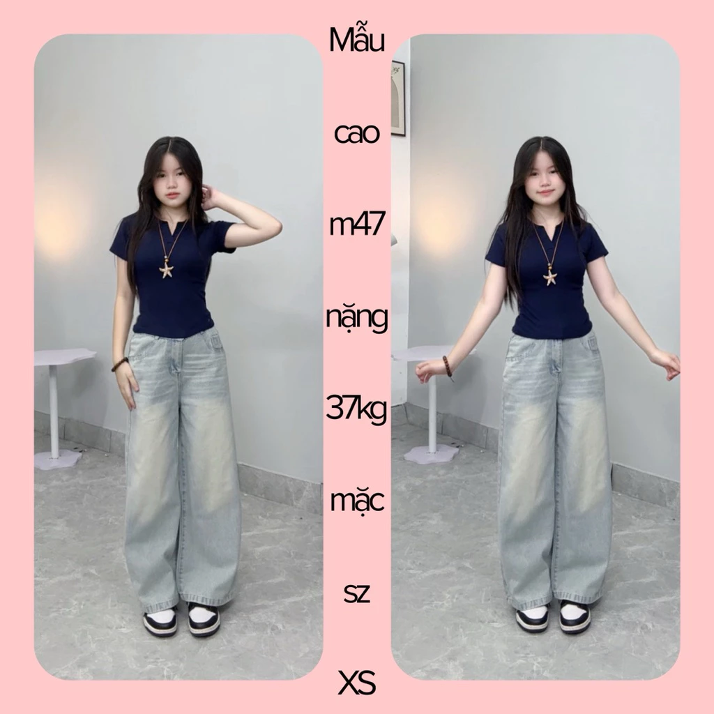 (SUÔNG RỘNG NẤM) QUẦN JEANS NỮ ỐNG RỘNG TO PHỐI RIA MEO MÀU XANH NHẠT