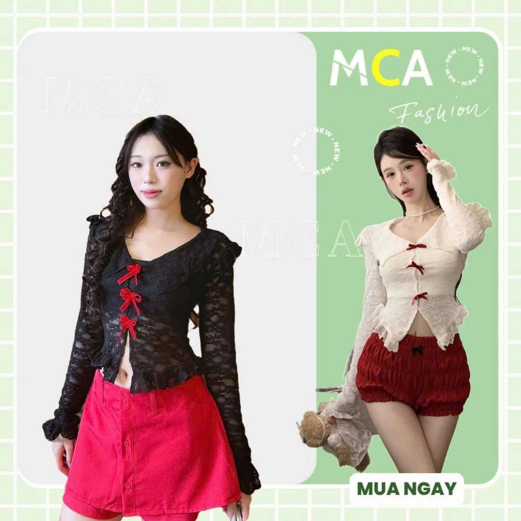 [ Video sp thực tế ] Áo ren tay dài kiểu cổ sơ mi MCA Đính nơ dễ thương A.51209
