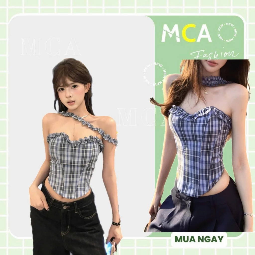 [ Video sp thực tế ] Áo ống caro viền bèo MCA phối dây nhún xinh xắn A51325