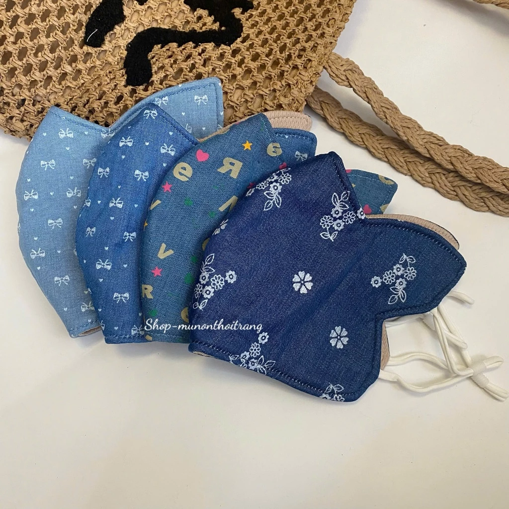 Khẩu trang vải có tai thỏ che nắng thái dương, Khẩu trang chống nắng vải jean 3 lớp cao cấp