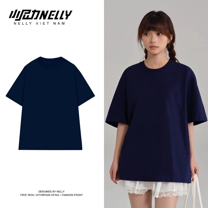 Áo thun NELLY Cotton 260gsm Premium - Xanh Navy Tay Lỡ Form Rộng Nam Nữ