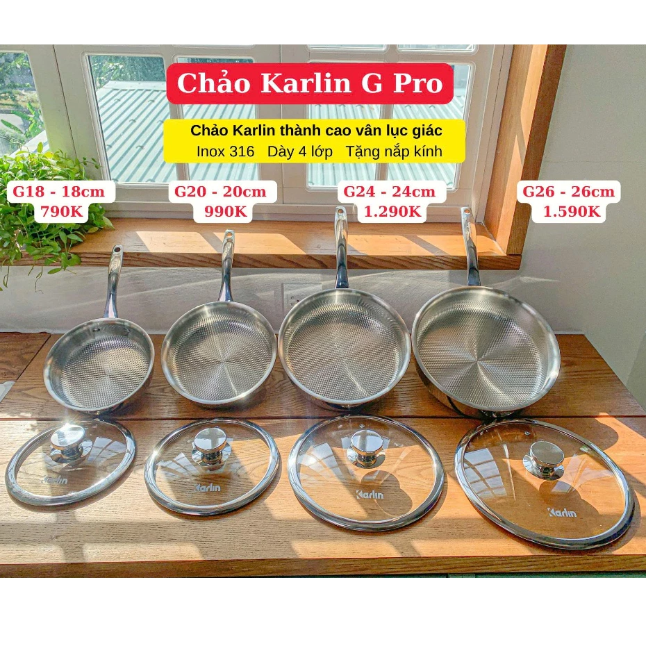[Chính hãng] Chảo inox Karlin G26,size26,inox 316,thân và đáy 4 lớp,tặng kèm nắp,bảo hành 24 tháng