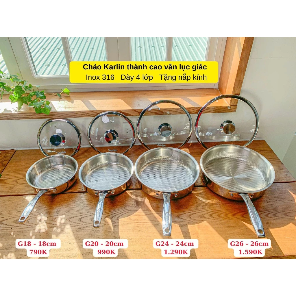 [Chính hãng] Chảo vân lục giác Karlin G20, size 20,inox 316,đáy 4 lớp thân 3 lớp,tặng kèm nắp kính