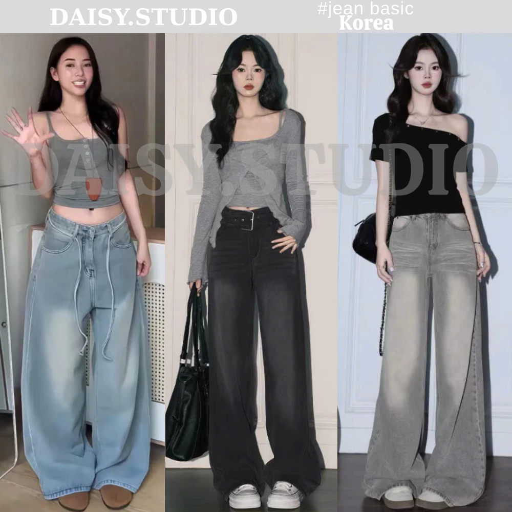 Quần Jean Ống Rộng Nữ Wash Bụi Màu Đen Và Xanh Lưng Cao Phong Cách Retro Ulzzang Hàn Quốc 2023
