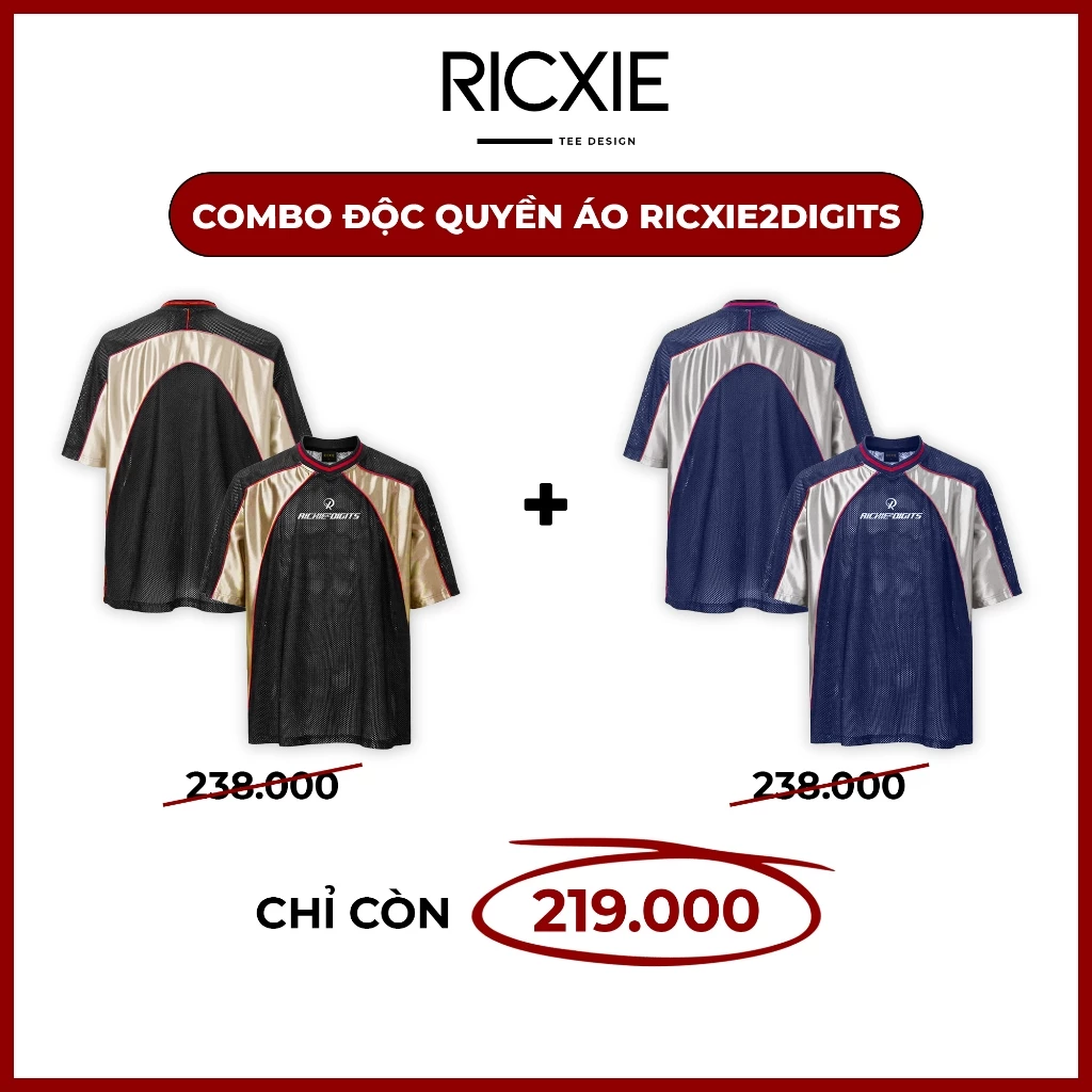 Combo 2 Áo Lưới Thể Thao Jersey Ricxie 2Digits Thêu Phối Cổ Tim Sọc Đỏ Tay Bóng Chiếu
