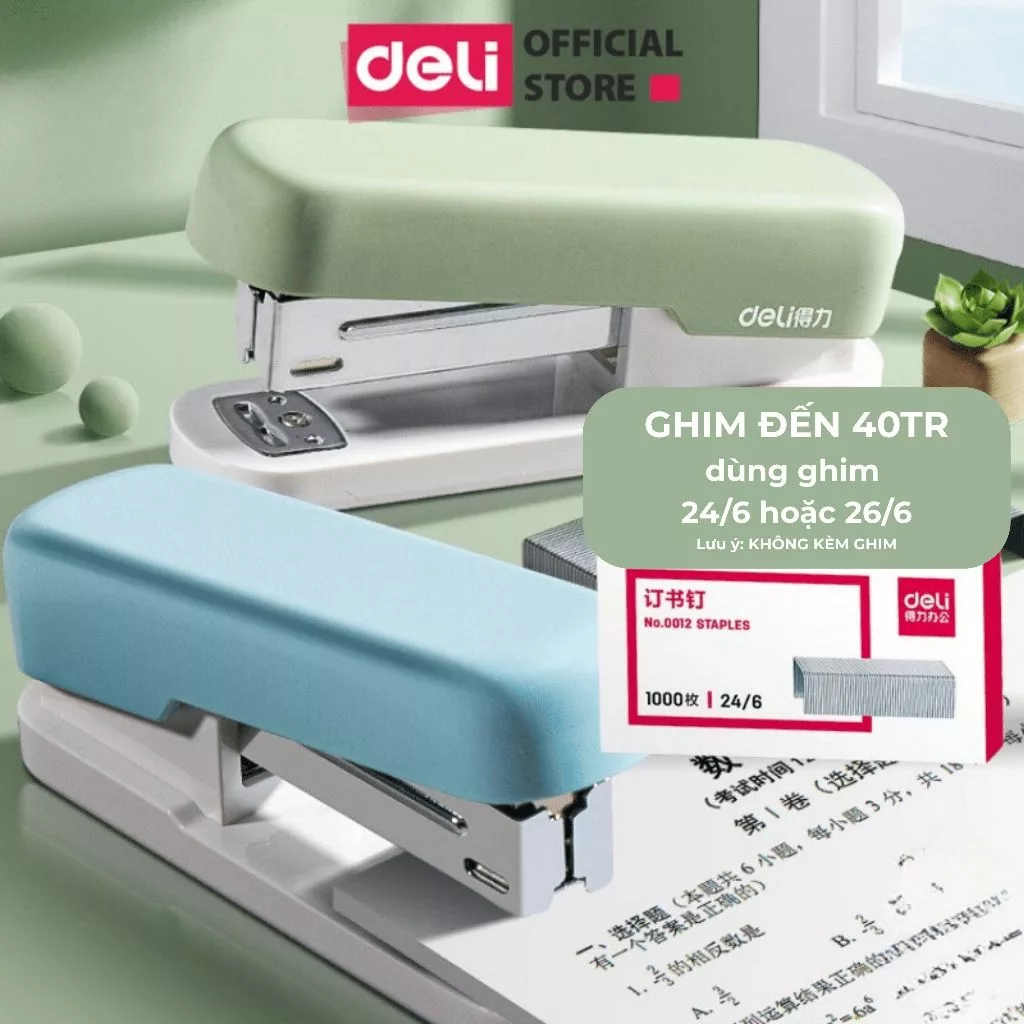 Dập ghim học sinh văn phòng mini Deli 40 trang Ghim bấm giấy số 12 màu pastel, nhỏ gọn, tiện lợi, Học sinh, Văn Phòng