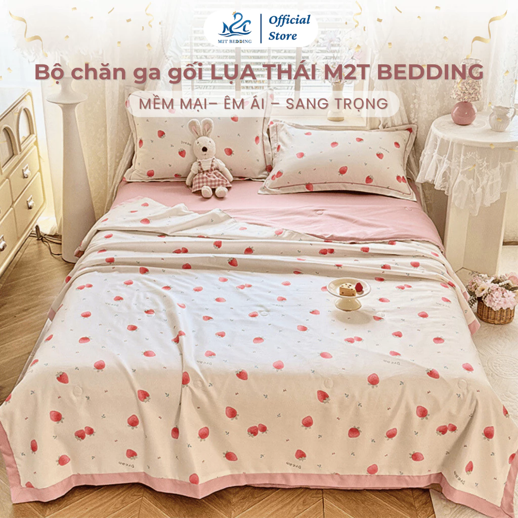 Bộ chăn ga gối Lụa Thái M2T bedding - Chăn chần bông hè mỏng, ga giường bo chun theo yêu cầu