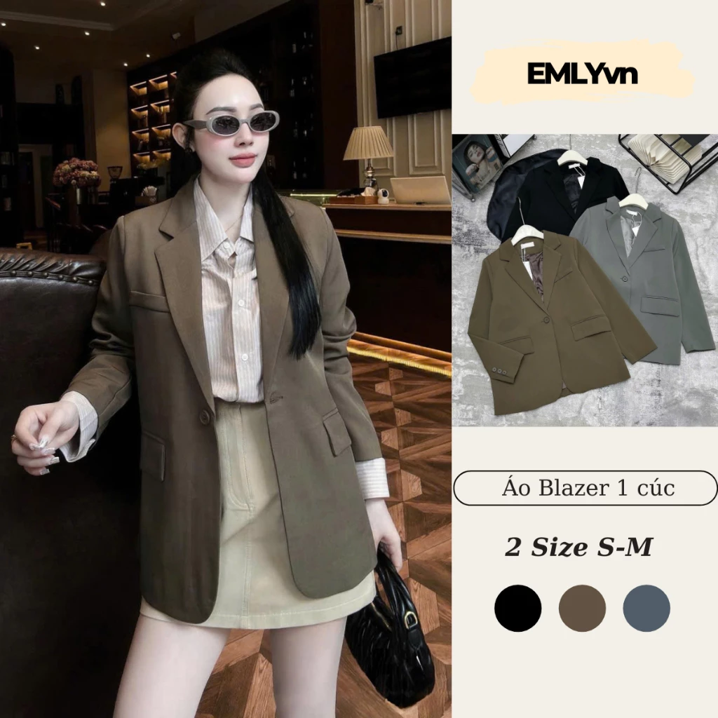 EMLYvn - Áo Blazer Nữ Form Dài 1 Cúc Basic Hàn Quốc , Áo Khoác Vest Nữ Công Sở Hàn Quốc Cao Cấp