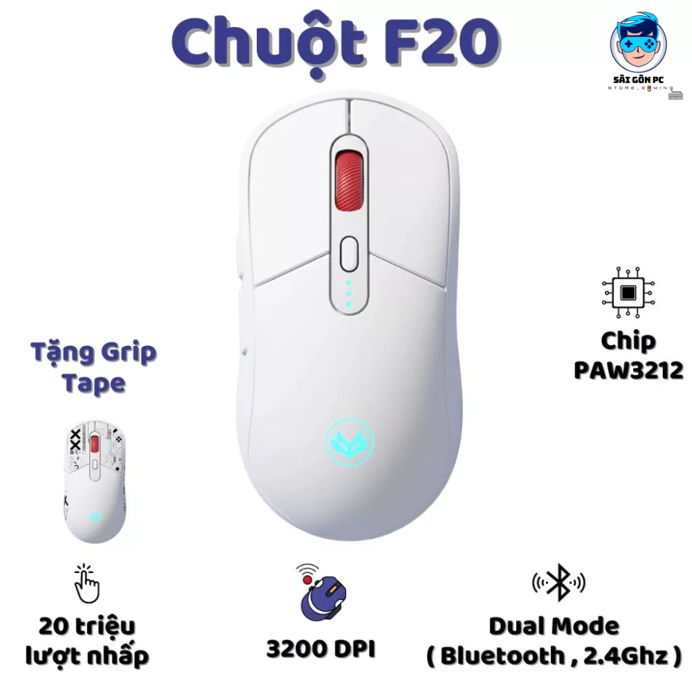 Chuột bluetooth không dây Atas F20 - Dual Mode - Pin 500mah - Sử dụng liên tục 50h Tặng Grip Tape