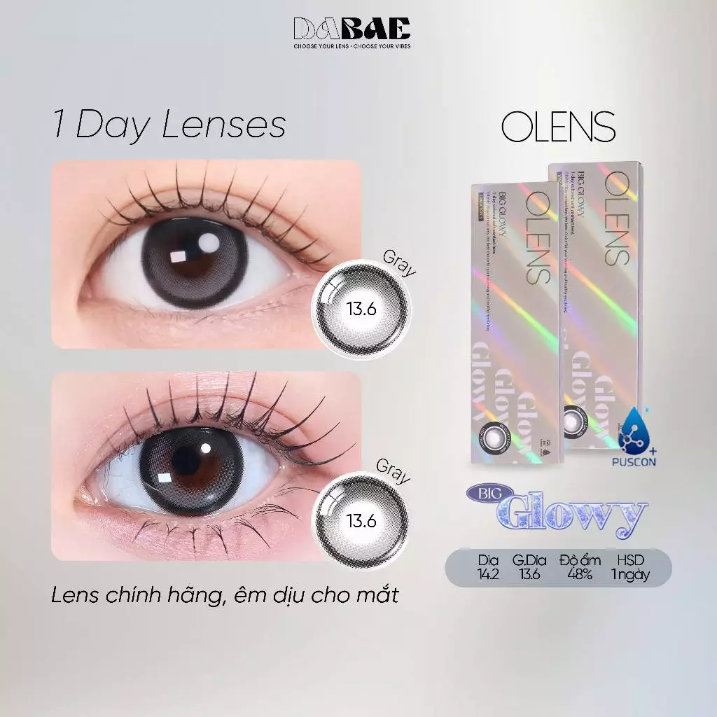 Lens 1 ngày OLENS KOREA chính hãng Big Glowy màu xám kính áp tròng DIA 14.2mm có độ 0-8 DABAE