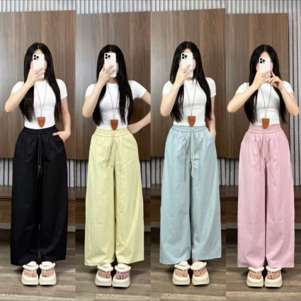 Quần Suông Ống Rộng Vải Kaki Hàn Mềm Mịn Cạp Chun Lưng Cao Có Dây Rút