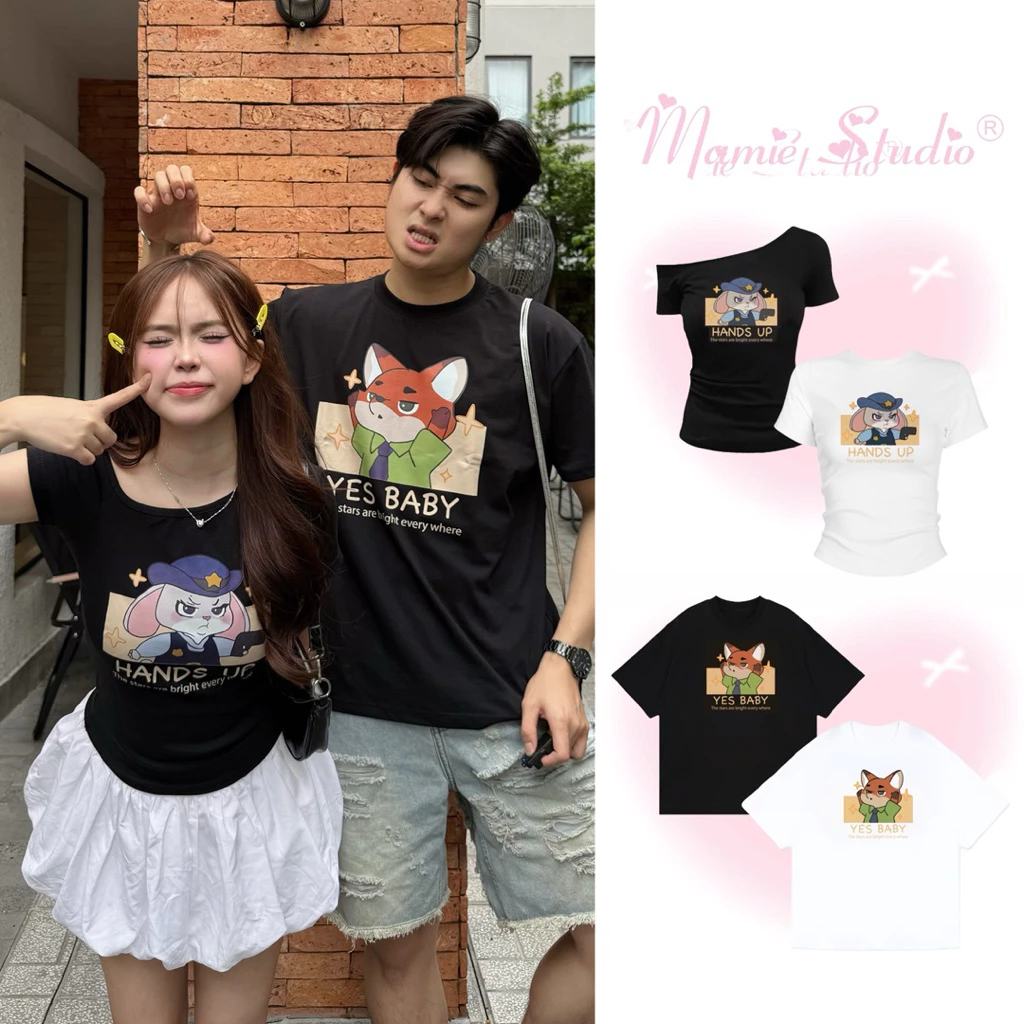 Áo thun cặp Mamie in Cáo và Thỏ cho nam nữ form rộng chất cotton 2 chiều.