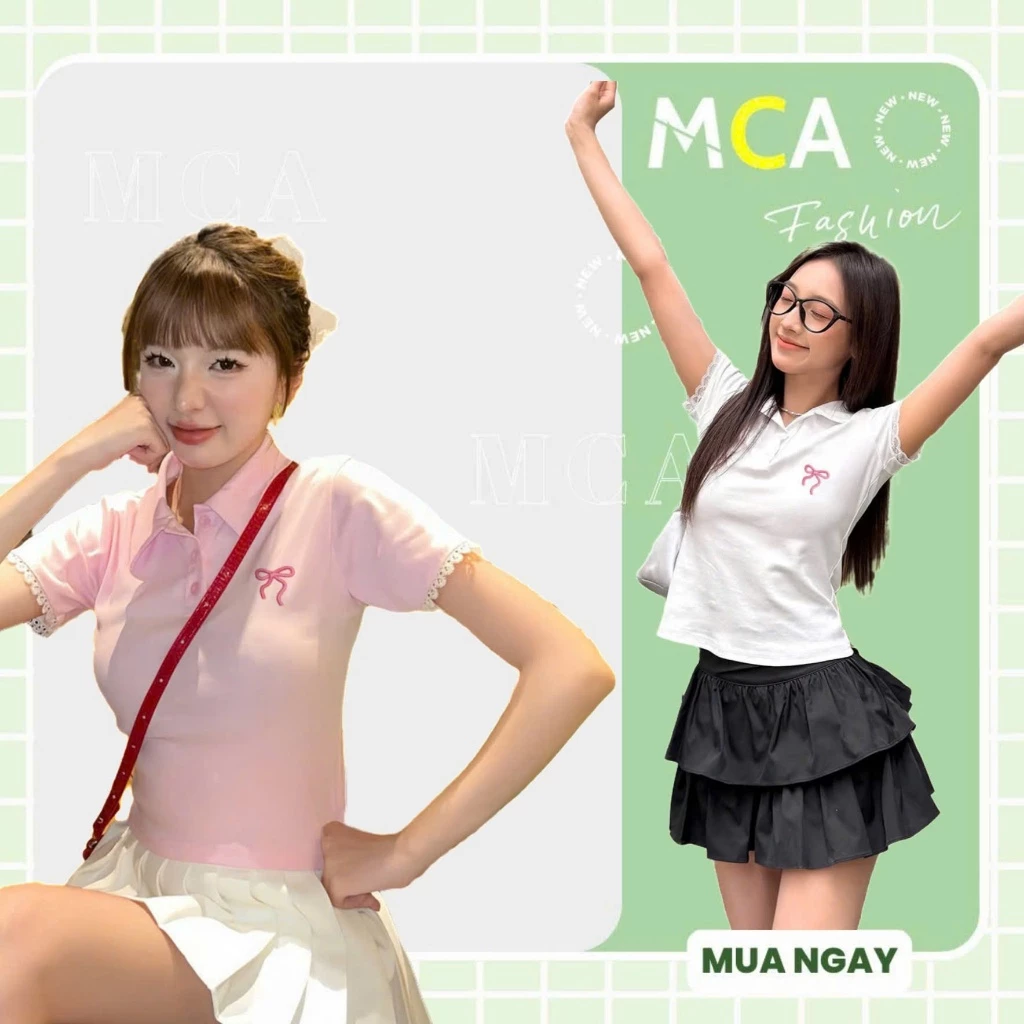 [Video sp thực tế ]Áo thun nữ cổ bẻ tay ngắn MCA phối viền ren in hình nơ A51299