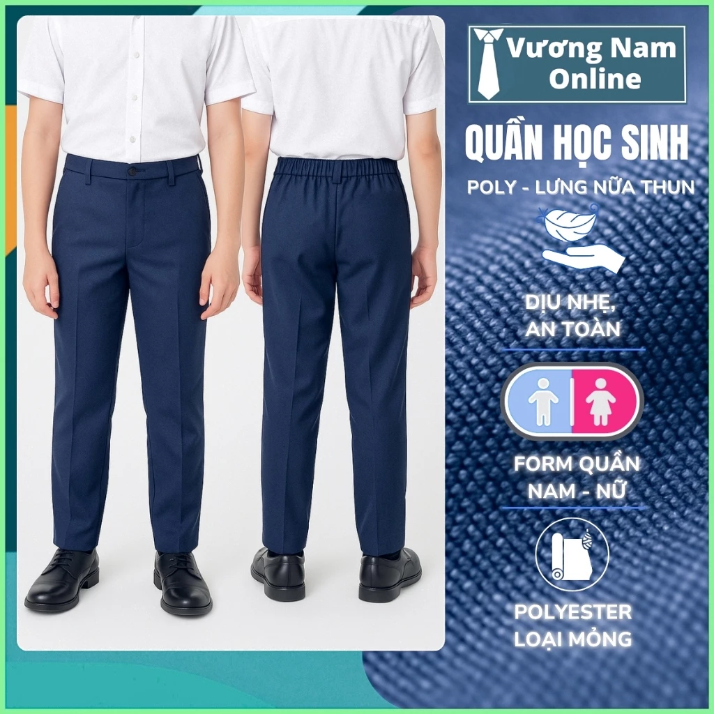 Quần tây học sinh bé trai và gái màu xanh đen cấp 1 2 lưng nữa thun chất Polyster VNO112