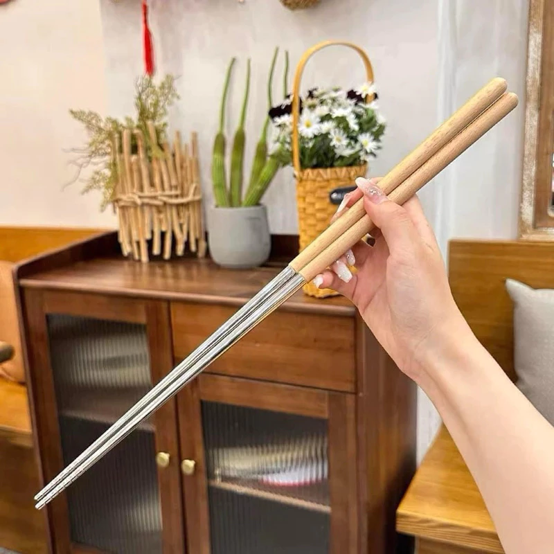 Đũa xào đũa nấu tay cầm bằng gỗ, đầu đũa thép không gỉ