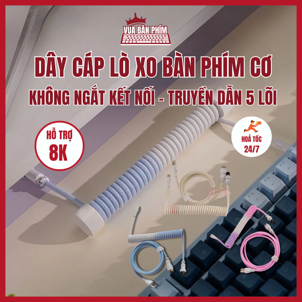 Dây cáp lò xo custom bàn phím cơ hỗ trợ 8k usb - type C ,dây dù lò xo xoắn dây , trục nối kim loại bọc nhựa chuẩn GX12