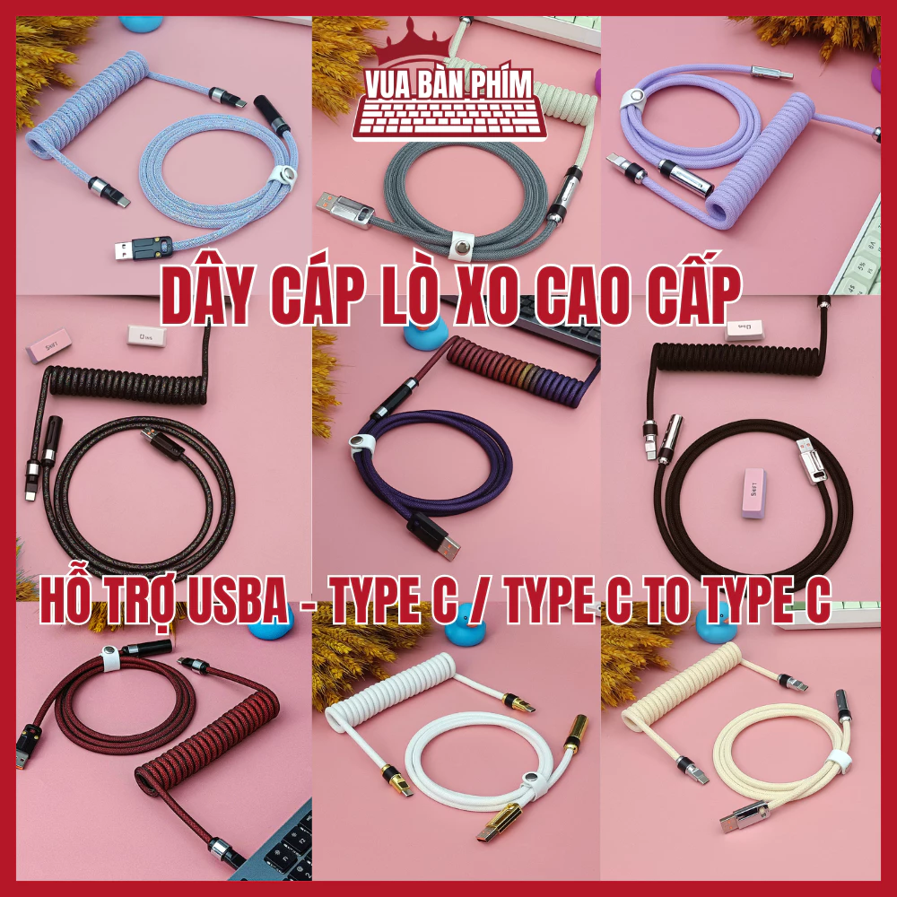 Dây cáp lò xo custom cao cấp hỗ trợ Polling Rate 8K  cho bàn phím cơ kết nối Usb A , type C ,dây dù lò xo xoắn dây
