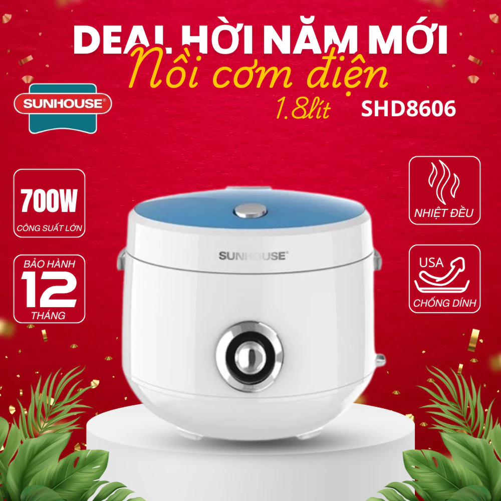 Nồi Cơm Điện Sunhouse SHD8606 - Dung Tích 1.8L , Công Suất 700W , Bảo Hành Chính Hãng