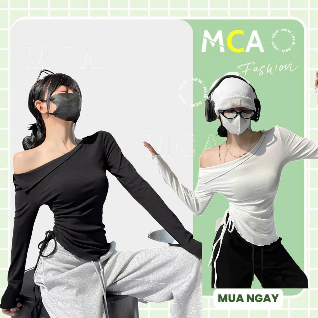 [ Video sp thực tế ] Áo thun tay dài lệch vai MCA kiểu dây rút eo cá tính A51271