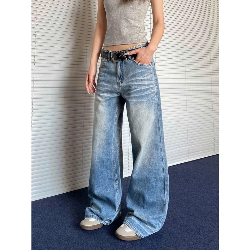 Quần Jean Nữ Ống Rộng Wide Leg Vintage Wash Xanh Nhạt Baggy Lưng Thấp