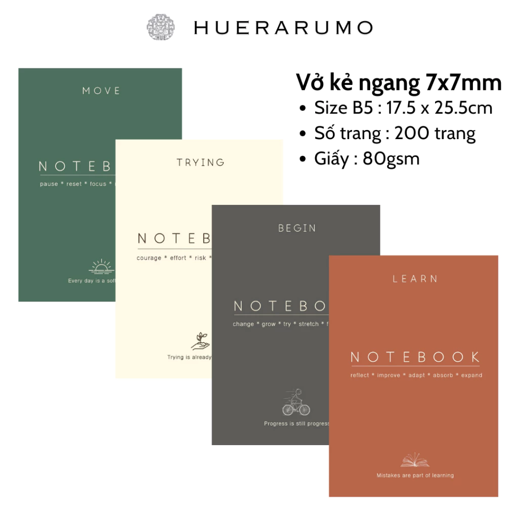 Vở Kẻ Ngang B5 HUERARUMO 200 Trang – Bộ sưu tập EVERYDAY STRENGTH – Giấy 80gsm, May Gáy.