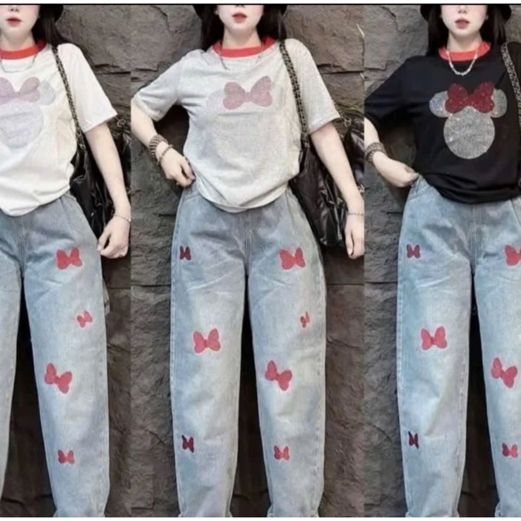 Quần Jean Nữ Dáng Baggy Thụng Thêu Nơ, Thêu Hình Mặt Cười Cạp Chun Lưng Cao, Vải Jean Thổ Dày Dặn Mềm Mịn