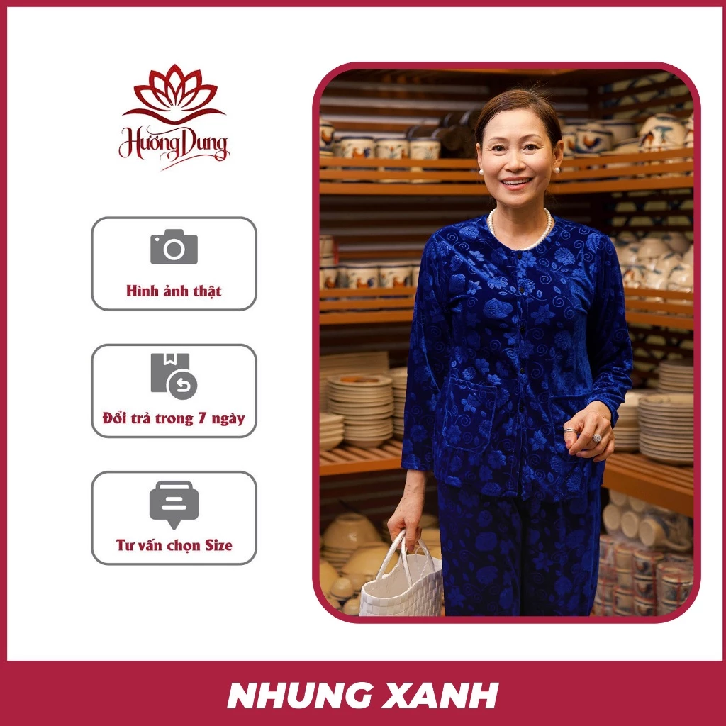 Bộ đồ cho người già Chất Vải Nhung Hoa Văn Cao Cấp Mặc Ở Nhà, Thoải Mái - Hương Dung Store