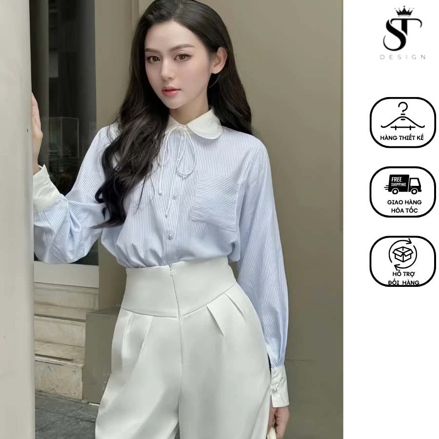 Áo sơ mi thiết kế tiểu thư phối cổ preppy chất kẻ Oxford hàng QC cao cấp, thiết kế sang trọng, thanh lịch - ST - 26