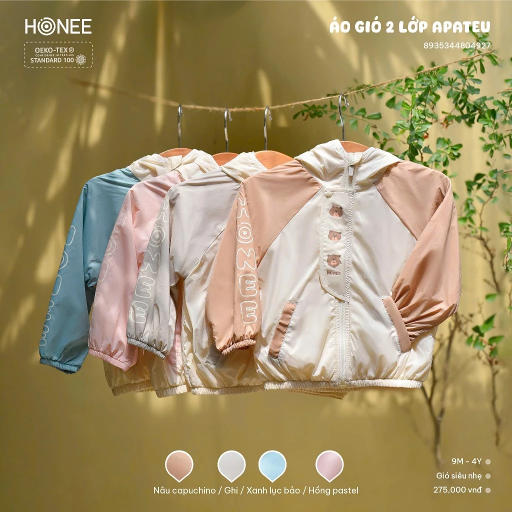 Áo khoác gió trẻ em HONEE 2 lớp có mũ form rộng, chống gió nhẹ, cho bé 9 tháng–4 tuổi HRNEE